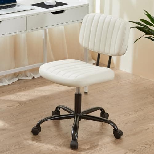 Sweetcrispy Small Office Computer Desk Chair with Wheels and Lumbar Support, Comfy Cute Armlees PU Leather Vanity Rolling Swuvel Task Chair No Arm for Adult, Student, Crame White