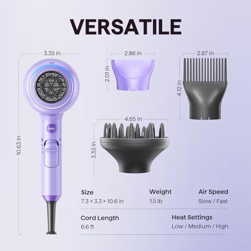 Wavytalk Blow Dryer with Diffuser, Blown Away Ionic Hair Dryer for Curly Hair with Comb, 1875W Fast Drying Blow Dryer with Ceramic Technology, 3 Attachments for All Hair Types, Light and Quiet, Purple 6