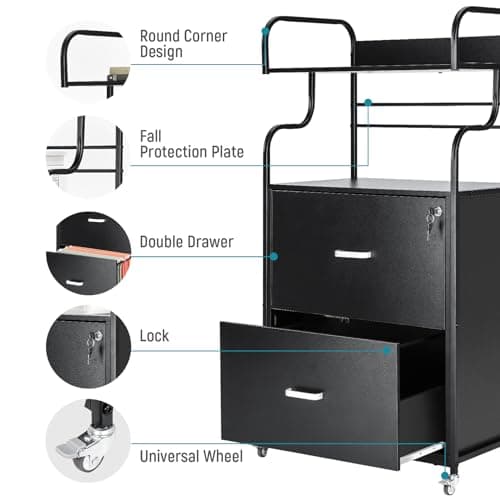 YORKING Vertical File Cabinet, 2 Drawer Mobile Filing Cabinet with 1 Bookshelf, Printer Stand with Open Storage Shelves Fits A4/Letter/Legal Size File Cabinets for Home Office Organizer, Black 5