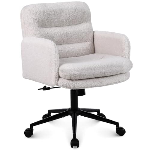 Youhauchair Upholstered Home Office Chair, Faux Cashmere Modern Mid Back Computer Desk Chair with Wheels, Ergonomic, Adjustable Height, Cream