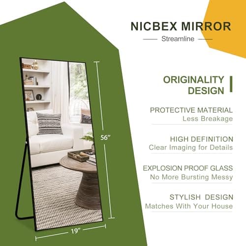 NicBex Full Length Mirror with Stand, 56"x19" Aluminum Alloy Frame Floor Mirror, Black, Shatter-Proof Glass - Free Standing, Leaning Against Wall or Wall-Mounted, for Bedroom Living Room Dressing Room 5