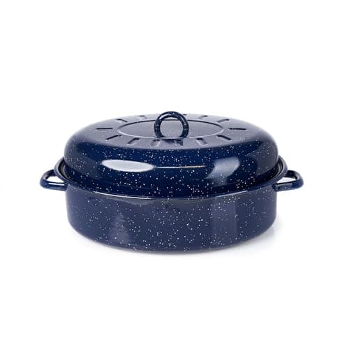 IMUSA USA 18" Traditional Vintage Style Blue Speckled Enamel on Steel Covered Oval Roaster
