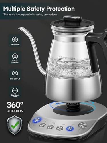 Aiheal Gooseneck Electric Kettle, Glass Electric Tea Kettle with 4 Temperature Control Presets and Keep Warm Function, Pour Over Kettle for Coffee and Tea, Hot Water Boiler, Quick Heating, 1200W/0.8L 6