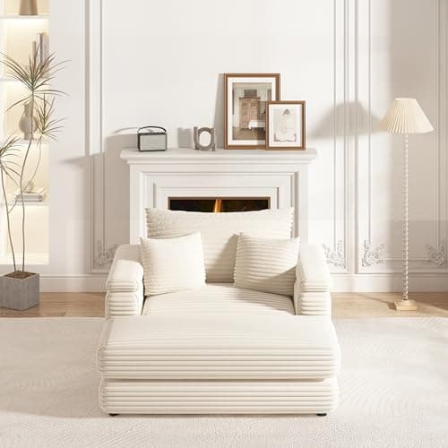 Corduroy Fabric Sofa Couch with Ottoman, 43.3 Inch Width Single Sofa Chair, Comfy Cloud Couch for Living Room Bedroom Apartment-Beige