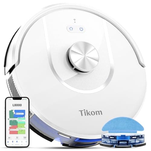 Tikom Robot Vacuum and Mop, L8000 Laser LiDAR Navigation Robotic Vacuum, 150Mins Max, 45dB, 14 No-Go Zones, 20 Virtual Walls, Self-Charging, Good for Pet Hair, Carpet, Hard Floor, White