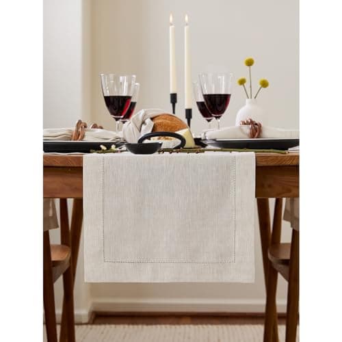 Solino Home Linen Light Natural Table Runner 72 Inches Long - 100% Pure Linen Hemstitch Table Runner 14 x 72 Inch for Dresser, Dining, Spring, Easter, Mothers Day - Classic Hemstitch