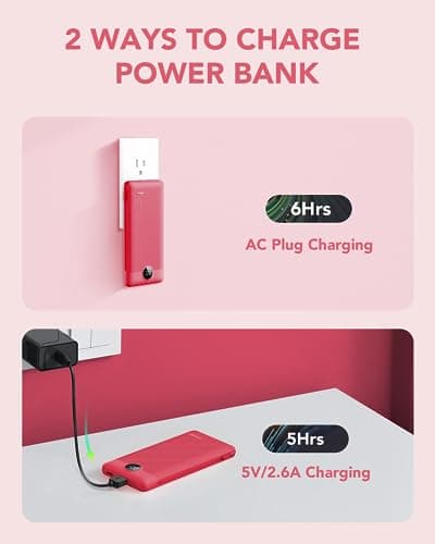Portable Charger Built-in Cables and AC Wall Plug, VRURC USB C Power Bank 10000mAh, Travel Battery Portable Phone Charger Compact Lightweight External Battery Pack for SmartPhones,Tablets-Viva Magenta 5