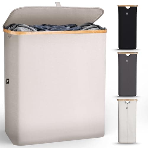 HENNEZ 140L Double Hamper With Removable Bags - Tall Laundry Basket With Lid and Thick 220gsm Fabric - Gray
