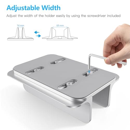 OMOTON Vertical Laptop Stand Holder, Desktop Aluminum Stand for MacBook with Adjustable Dock Size, Fits All MacBook, Surface, Chromebook and Gaming Laptops (Up to 17.3 inches), Silver 6