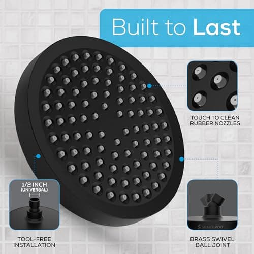 SparkPod Shower Head - High Pressure Rain - Premium Quality Luxury Design - Easy Clean Adjustable Replacement for Your Bathroom Shower Heads (Midnight Black Matte, 6 Inch Round) 5
