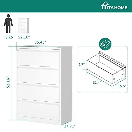 YITAHOME 4 Drawer Metal Lateral Filing Cabinet, Stainless Steel Wide Lateral File Cabinet with Lock for Legal/Letter A4 Size, Assembly Required, Office Organizer Storage Cabinet, White 2