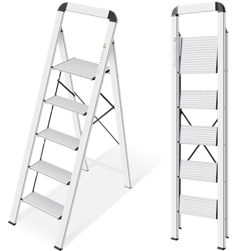 KINGRACK Aluminium 5 Step Ladder, Lightweight Step Stool with Non-Skid Pedals, Handrail, Foldable Step Ladder for Kitchen, Garage, Home, Space Saving, Sturdy and Portable, Silver