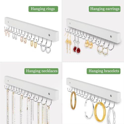 AnDock Necklace Holder Wall Mounted Jewelry Organizer - 2 Pack Wooden with 28 Hooks, Hanging Earring & Ring Bracelet Storage, Decorative Space-Saving Jewelry Display (White) 7