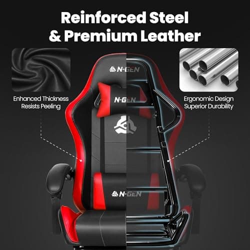 N-GEN GAMING Video Gaming Chair with Footrest Lumbar Support for Home Office High Back Recliner Height Adjustable Ergonomic Comfy Leather Computer Desk Chair (Red) 8