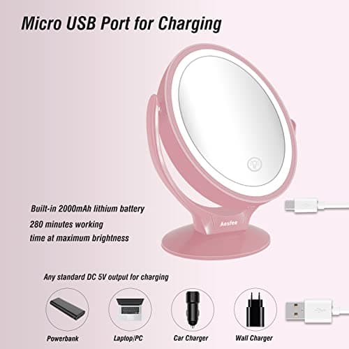 Aesfee LED Lighted Makeup Vanity Mirror Rechargeable,1x/7x Magnification Double Sided 360° Swivel Magnifying Mirror with Dimmable Touch Screen, Portable Tabletop Illuminated Mirrors 5