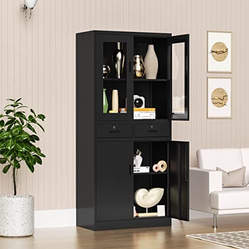 AFAIF Glass Display Cabinet with Drawers, Lockable Metal Storage Cabinet with 2 Adjustable Shelves, 71'' Tall Cabinet for Home, Black 7