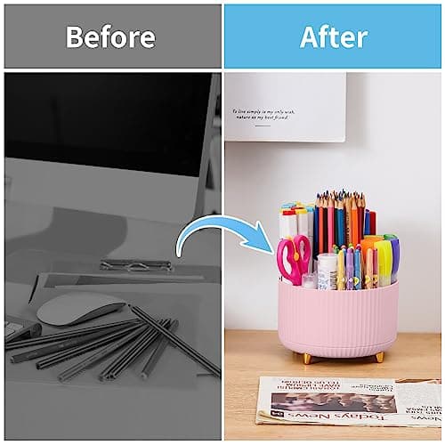 Marbrasse Desk Organizer, 360-Degree Rotating Pen Holder, Desk Organizers and Accessories with 5 Compartments Pencil Organizer, Art Supply Storage Box Caddy for Office, Home(Pink) 7