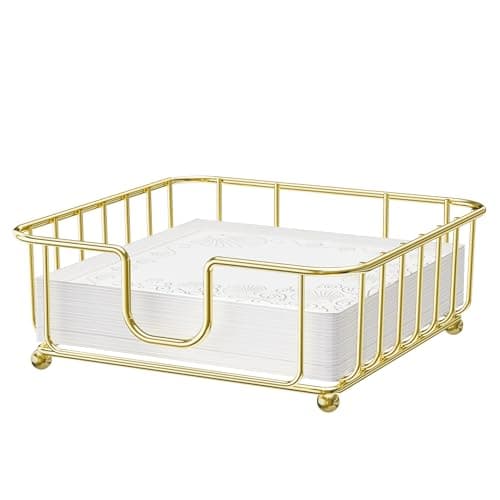 Napkin Holder for Table, Napkin Holders for Paper Napkins, GMFINE Flat Metal Gold Napkin Dispenser for Kitchen & Dining Table Countertops, 6.9" x 6.9" x 2.2" Inside Size