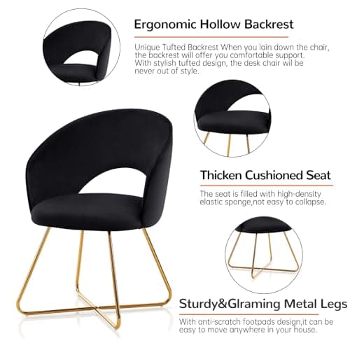 Furniliving Modern Black Accent Chair Comfy Desk Chairs for Bedroom, Upholstered Barrel Velvet Vanity Chair with Back, Mid Century Makeup Chair with Gold Legs 5