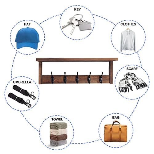 BEIUTAO 2 Pack Wall Mount Coat Rack with Shelf, Wood Coat Hanger with Hooks, Entryway Shelf for Clothes, Hats, Towel, Purse, Living Room, Bedroom, Bathroom, Rustic Brown 7