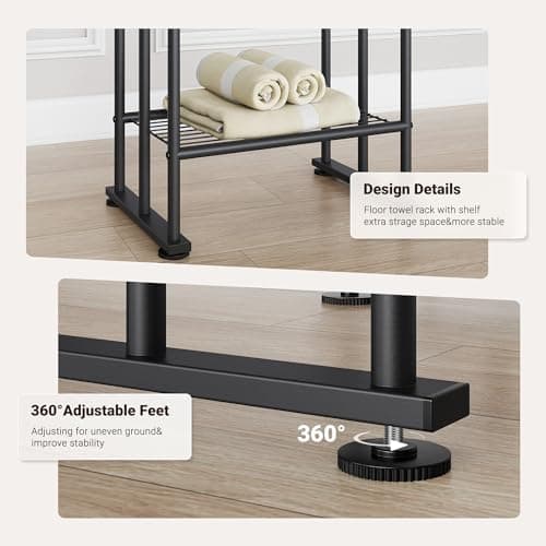 ELYKEN 3 Tier Standing Towel Rack, 40'' Tall Towel Drying Rack Outdoor, Freestanding Floor Towel Rack with Shelf, Pool Towel Blanket Stand, Metal Towel Racks for Bathroom freestanding, Matte Black 5