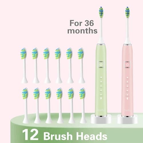 7AM2M Electric Toothbrush 2 Pack Set for Kids and Adults, 12 Brush Heads,5 Adjustable Modes, Built-in 2-Minute Smart Timer, Wireless Fast Charge for 60 Days,IPX7Waterproof SonicToothbrush(Green+Pink) 5
