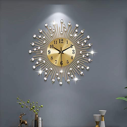YIJIDECOR Large Wall Clocks for Living Room Decor Modern Gold Silent Wall Clock Battery Operated Non-Ticking for Bedroom Kitchen Home Decorative 14 Inch Round Metal Crystal Wall Watch for Office