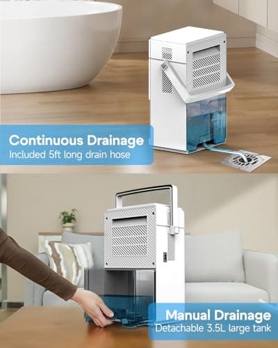Lacidoll Small Dehumidifier with Drain Hose, 118oz Portable Dehumidifier for RV Camper Bathroom Bedroom Basement Laundry Room, Quiet Dehumidifiers for Home up to 800 sq ft, 7 Colorful Light, White 6