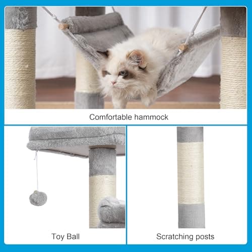 Hey-brother Large Multi-Level Cat Tree Condo Furniture with Sisal-Covered Scratching Posts, 2 Bigger Plush Condos, Perch Hammock for Kittens, Cats and Pets Light Gray MPJ020W 6
