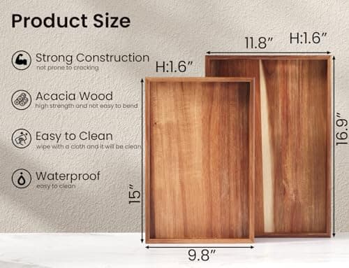 Fibogollo Set of 2 Acacia Wood Serving Tray with Handles,Decorative Trays Platter,Breakfast Tray in Bed,Food Drinks Tray for Eating,Working,Storing(Brown) 6