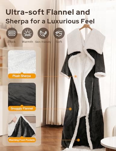 NIORSUN Heated Blanket Throw with Foot Pocket, Wearable Electric Blanket with 9 Heating Levels & 10 Time Settings, Ultra-Soft Flannel & Sherpa, Cozy Gift for Family and Friends, 50 * 70", Grey 7