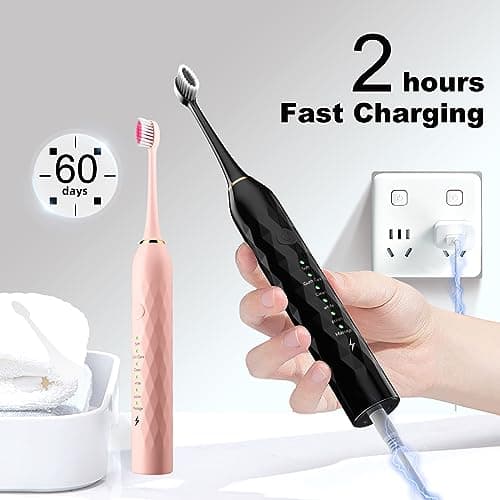 MAXWISDOM Electric Toothbrush 2 Pack - Electric Toothbrush for Adults with 10 Replacement Brush Heads, 2 Toothbrush Holders, 6 Modes, Smart Timer, 2 Hours Charge for 60 Days (Black & Pink) 7