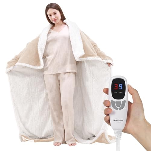 NIORSUN Heated Blanket Throw with Foot Pocket, Wearable Electric Blanket with 9 Heating Levels & 10 Time Settings, Ultra-Soft Flannel & Sherpa, Cozy Gift for Family and Friends, 50 * 70", Beige