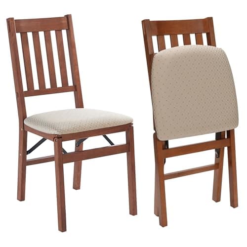 Stakmore Arts and Crafts Wooden Folding Chairs with Padded Seats, Set of 2 - No Assembly Foldable Dining Chairs, Steel Folding Mechanism, Upholstered Cushion, Space-Saving, Fruitwood Frame