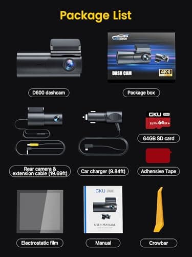 GKU Dash Cam Front and Rear Camera – 4K+1080P Dual Dash Camera for Cars with 64GB SD Card, 5GHz WiFi & App Control, Night Vision, Parking Mode, G-Sensor, Loop Recording, WDR, 170° Wide Angle 9
