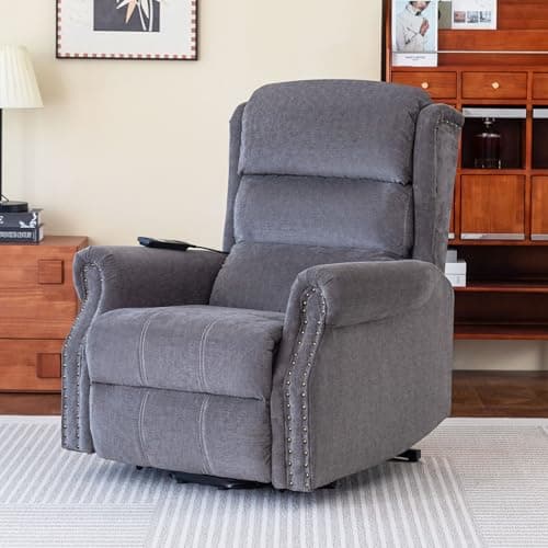 Oversized Power Lift Recliner Chair for Elder, Ergonomic Recliner Sofa with 8 Point Vibration Massage and Heat, Fabric Overstuffed Recliner with USB Ports, Vintage Rivet 7