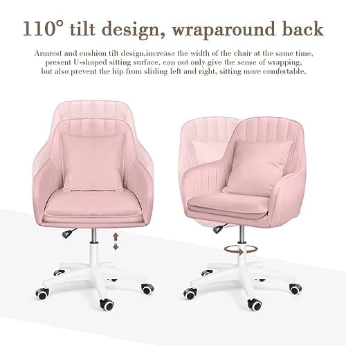 HDHNBA Mid Back Velvet Vanity Chair Swivel Rolling Desk Chair with Wheels, Modern Upholstered Makeup Chair for Women Girls, Computer Task Chair for Bedroom Living Room Office, Pink 6