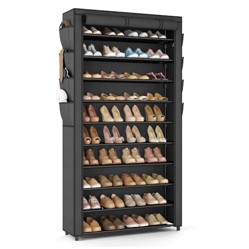 VTRIN Tall Shoe Rack with Cover, 10 Tier Shoe Organizer Storage for 50-55 Pairs Shoes and Boots Large Capacity Shoe Shelf with 8 Pockets Free Standing Shoe Rack for Closet, Entryway, Garage