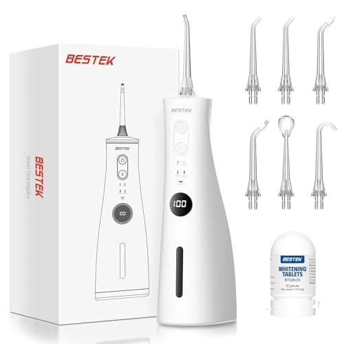 BESTEK Water Dental Flosser Teeth Pick - 5 Modes Rechargable Water Flosser with 10Pcs Whitening Tablets, 300ML Tank, 6 Jet Tips, IPX7 Waterproof, Cordless Oral Irrigator for Teeth, Gums, Braces Care