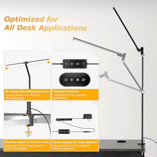 LED Desk Lamp for Home Office, Eye Caring Architect Desk Light with Remote, Dual Screen Computer Monitor Light with Stepless Dimming, Stepless Color Temp, Memory Function for Study, Workbench Black 5