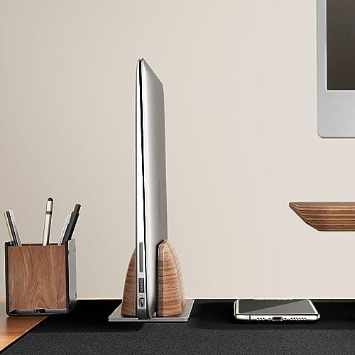 UPERGO Vertical Laptop Stand for Desk, Laptop Holder to Dock MacBook, MacBook Pro and Other Laptops, Black Walnut Wood 5