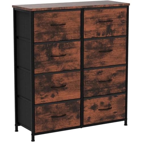 DUMOS Dresser for Bedroom with 8 Fabric Drawers, Tall Chest Organizer Units for Clothing, Closet, Kidsroom, Storage Tower with Cabinet, Metal Frame, Wooden Top, Lightweight Nursery Furniture, Brown 8