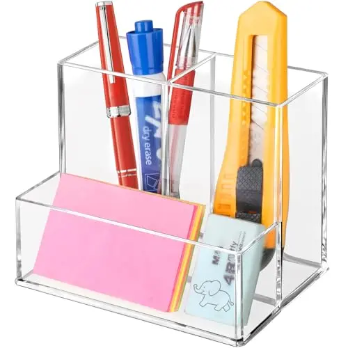 Banafich Pen Holder for Desk, Clear Acrylic Pencil Holder for Desk, Marker Holder with 3 Compartments, Pencil Organizer for Home, Office, Classroom, Bathroom