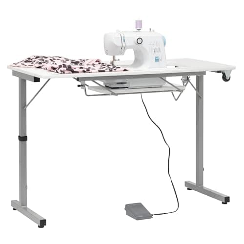 Rollaway II Compact Portable Folding Sewing Table, Silver/White