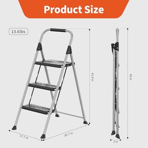 DIAMONDFORGE 3-Step Ladder Folding Step Stool with Anti-Slip Wide Pedal & Soft Handle, Heavy Duty Steel Construction, 900 lbs Capacity for Home & Office, Grey 7