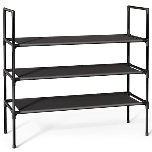 Sakugi Shoe Rack with Non-Woven Fabric - 3-Tier Shoe Organizer for Closet, Garage, Corridor & Entryway, Sturdy and Stackable, X-Large, Black