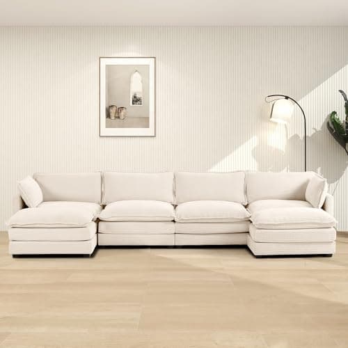 ROWHY 148'' Sectional Cloud Couch with 2 Ottomans, Oversized 4 Seat Sleeper Sofa with 2 Throw Pillows, Convertible Upholstered U Shaped Cozy Sofa Furniture Set for Living Room and Office, Beige