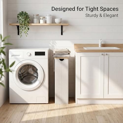 efluky Slim Laundry Basket with Lid, Narrow Laundry Hamper with Removable Bag, Skinny Dirty Clothes Basket with Bamboo Handles for Bathroom, Bedroom & Laundry Room, 75L Beige 5