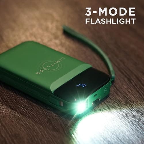Limitless Innovations Ultimate Pro 15,000mAh Portable Power Bank PD 20W with Built-in Cables, Wireless Charging, Flashlight, Wall Plug, & Digital Display, for iPhone, Samsung, & More (Green Metallic) 6