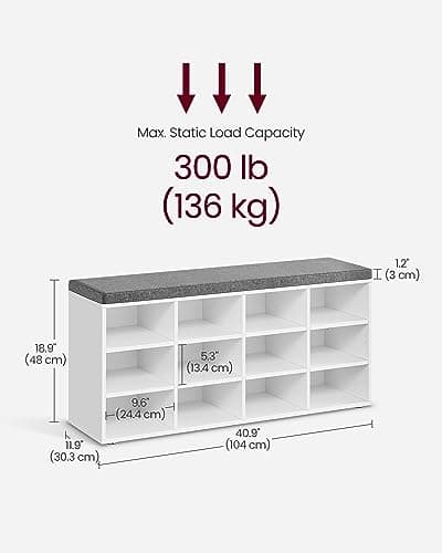 VASAGLE CUSTOS Collection - Shoe Bench, Storage Bench with Padded Seat, Entryway Bench with 12 Compartments, for Bedroom, 11.9 x 40.9 x 18.9 Inches, Cloud White and Slate Gray ULHS012W14 8